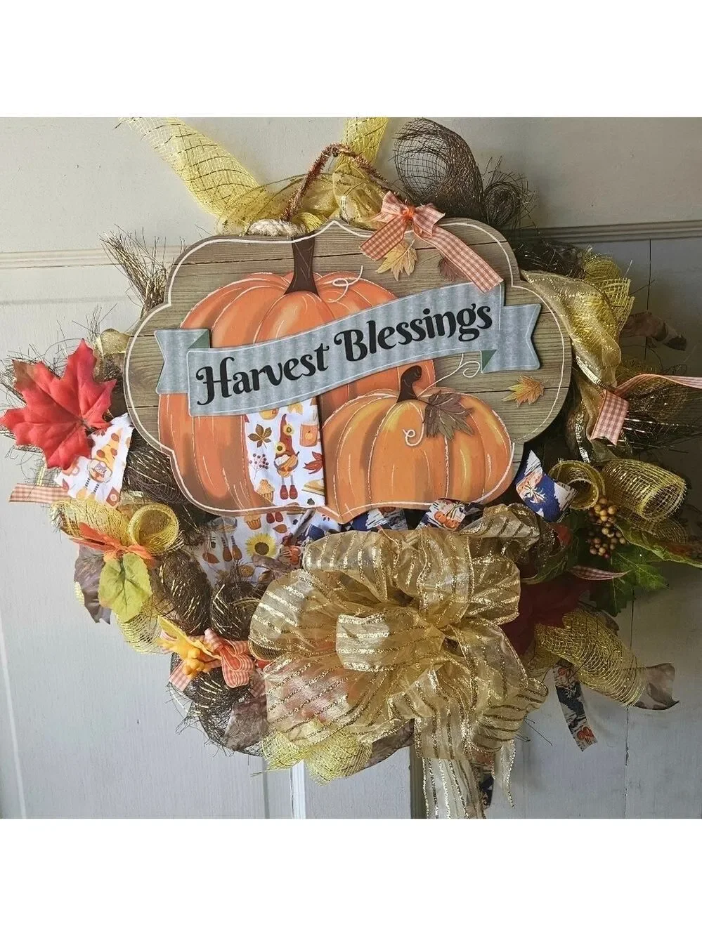 Hand Crafted handmade holiday wreath Harvest Blessings Gnome fabric plaid ribbon